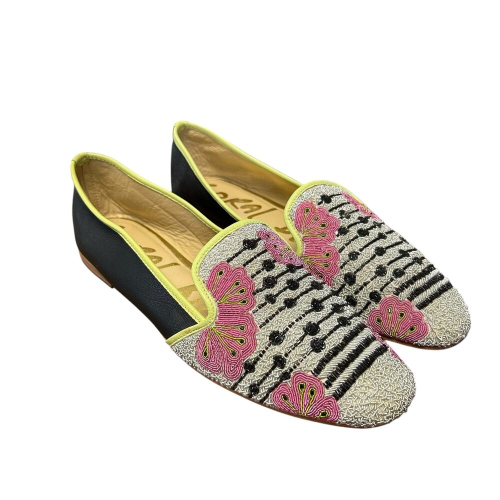 Embroidered Black and Pink Loafers